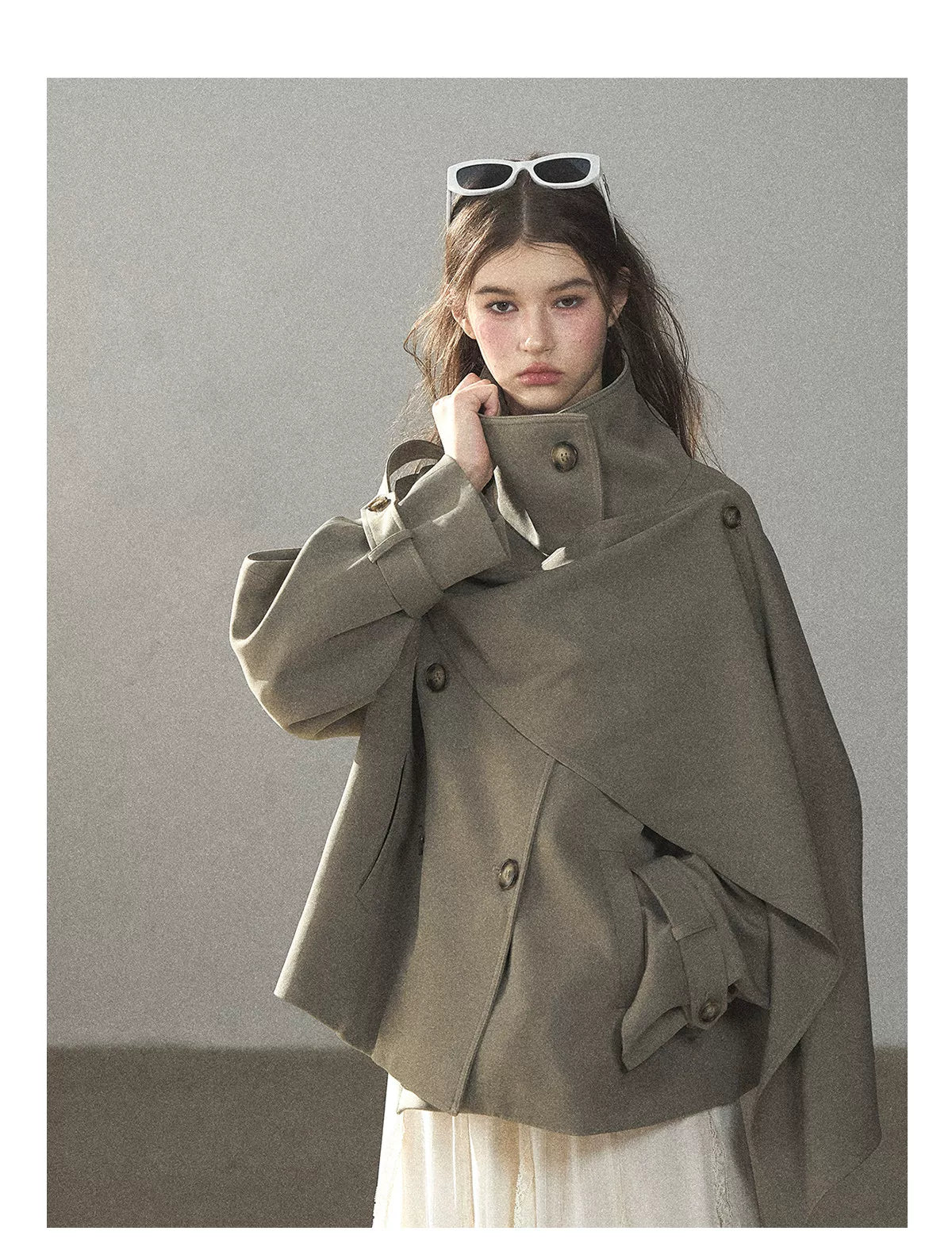 Gray Funnel-Neck Double-Breasted Short Trench Coat