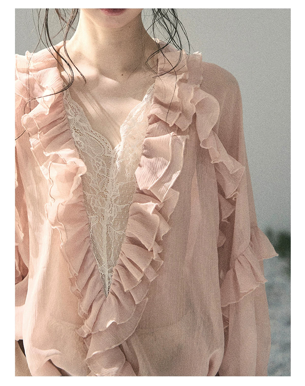“Whispers of the Wind” Blush Pink Lace Chiffon Blouse (With Belt)