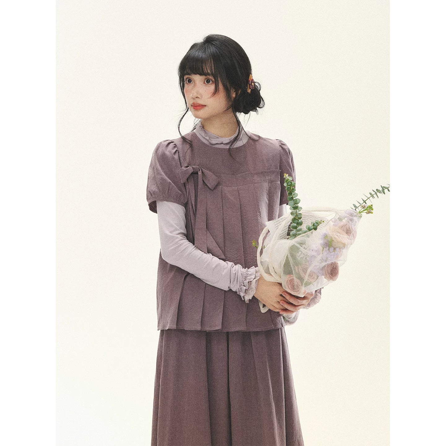 "Whispers Between Pleats" Gray Grape Purple Pleated Top & Maxi Skirt Set