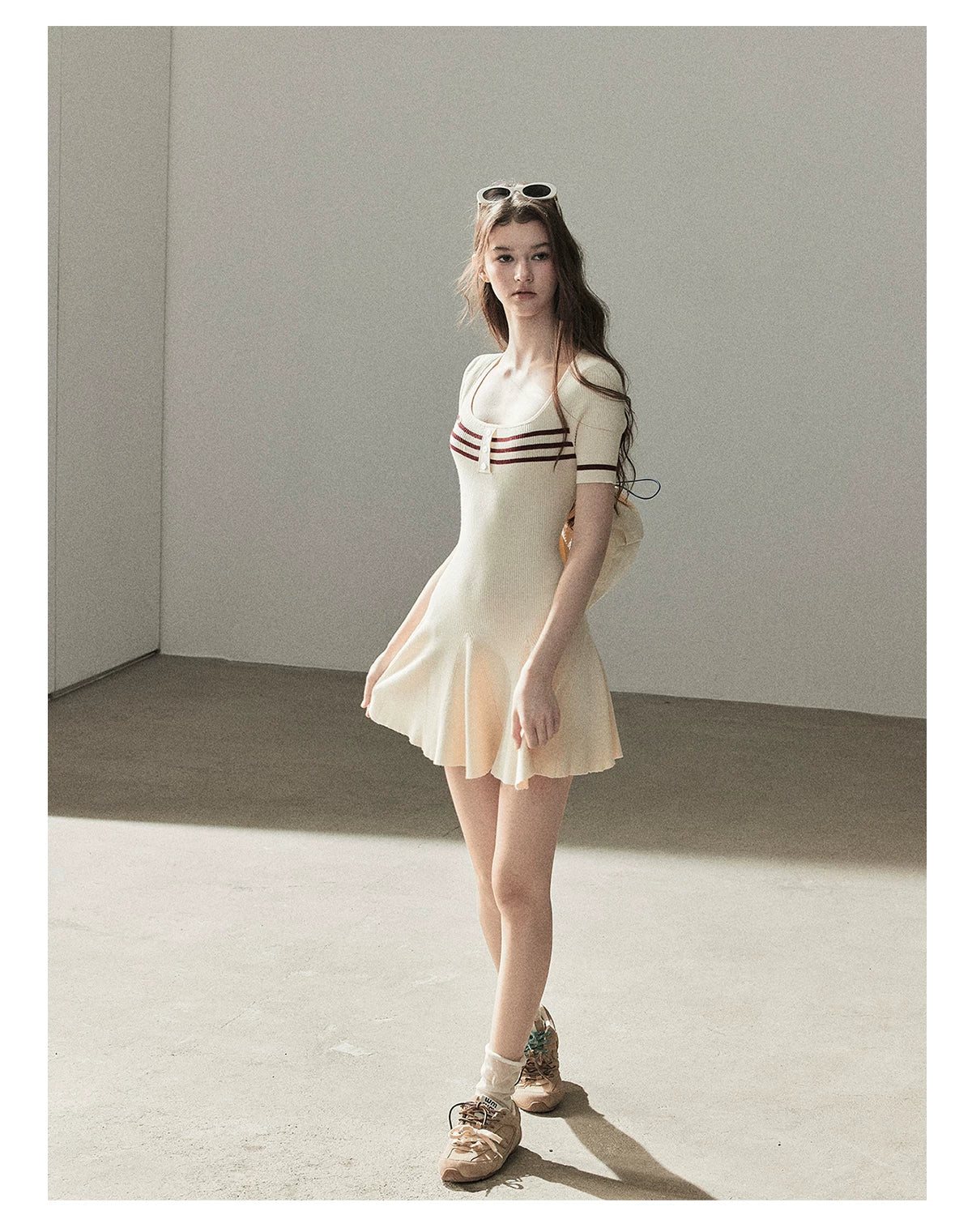 "First Date" Ivory Square Neck Knit Pleated Mini Dress