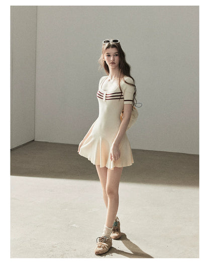 "First Date" Ivory Square Neck Knit Pleated Mini Dress