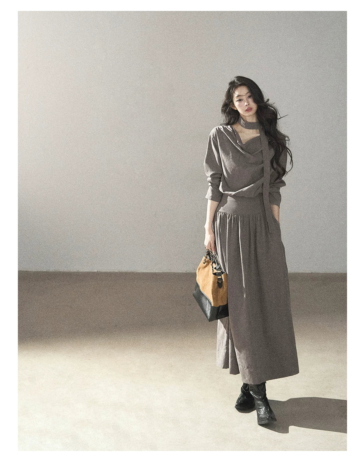 AOMALM - Gray-Purple Pleated Maxi Dress with High-Waisted Cinch Belt