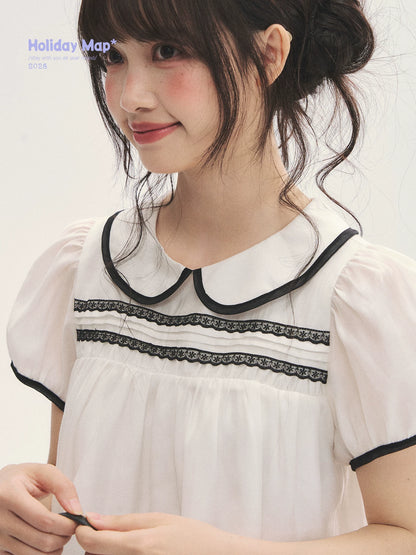 "Antique Dollhouse" Lace Appliqué Peter Pan Collar Puff Sleeve Blouse (Ivory White/ Still Blue)