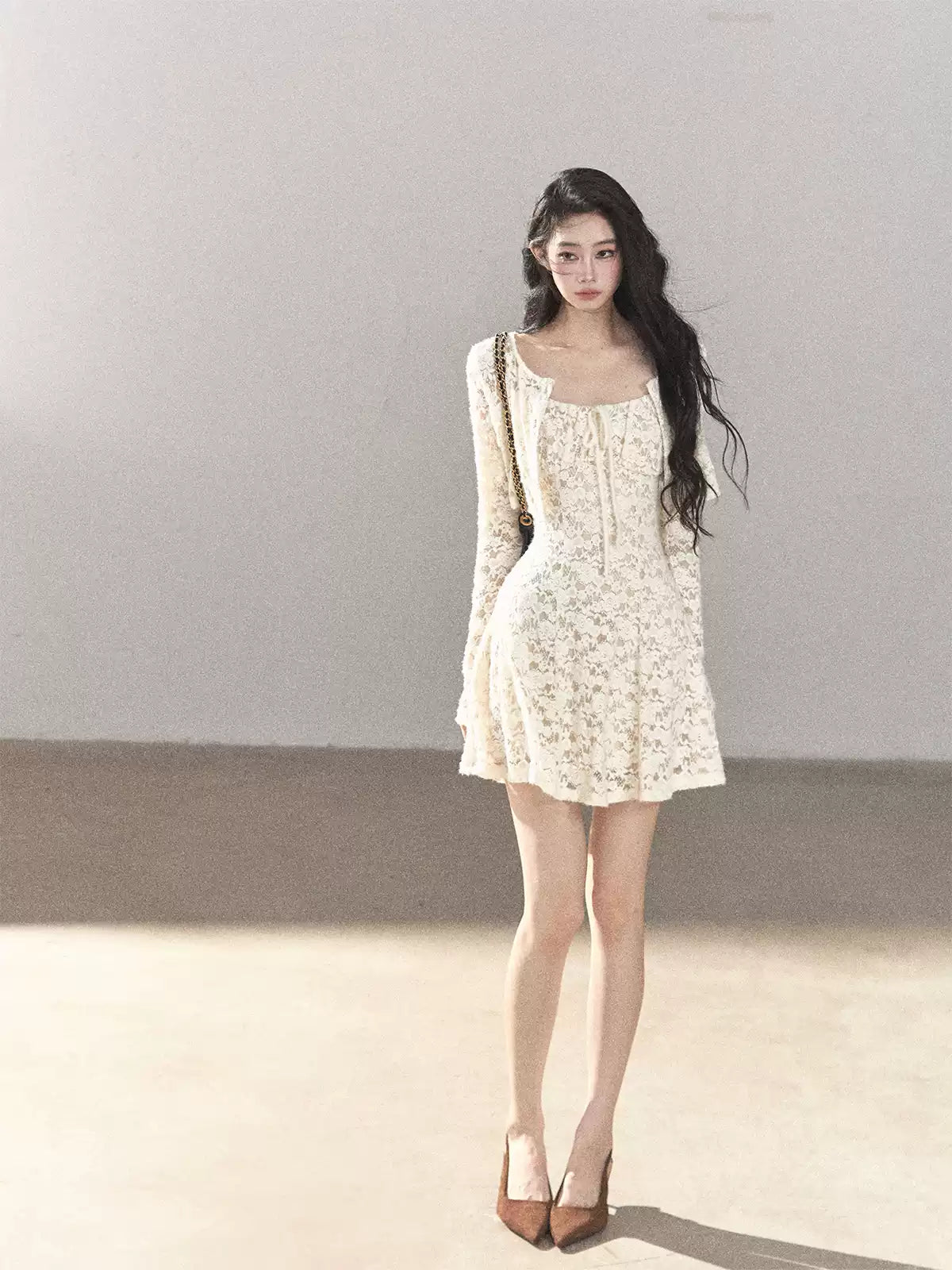 AOMALM - "Moonlight on the Floor" Dutch Cream Lace Cami Dress & Cardigan Set