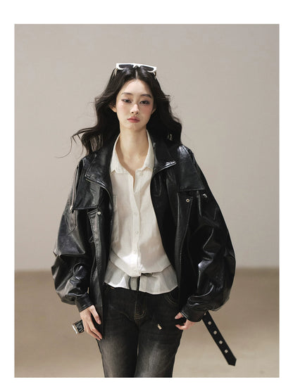 AOMALM - "Solo Journey" Quiet Black Oversized PU Moto Jacket