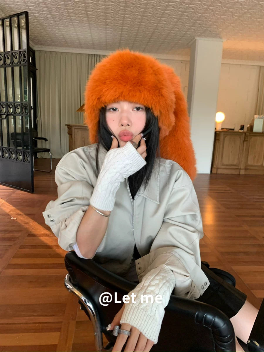 Orange Plush Bunny Ear Hat – Cute Long-Eared Fleece Cap
