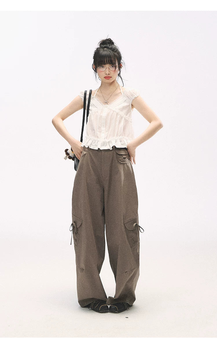 "French Meadow Romance" Ivory Lace Trim Halter Tie V-Neck Cotton Blouse