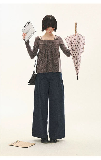 "Sweet Favorite" Polka Dot Faux-Layer Bow Knit Top (Gray Brown/ Blush Pink)