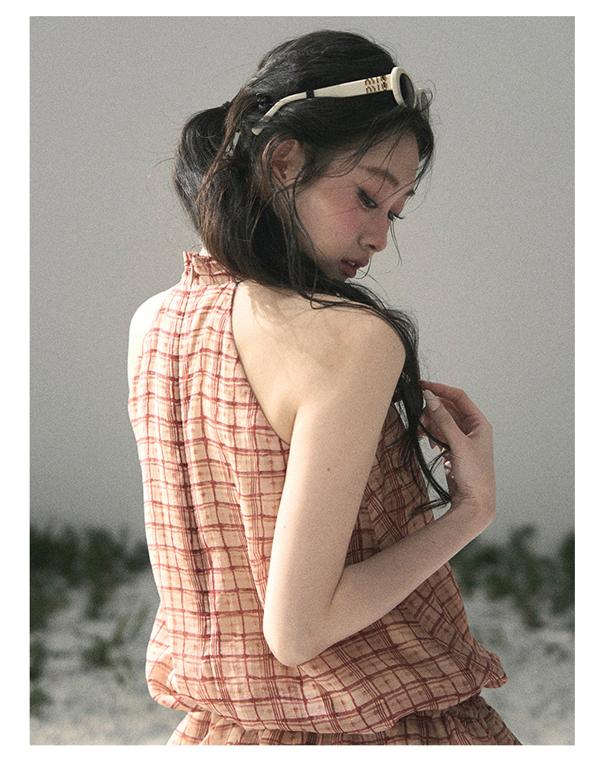 “Maple Whisper” Rust Red Halter Plaid Slim Tee