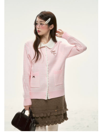 BIBIBENCY - Pink Plaid Bow Knit Sweater