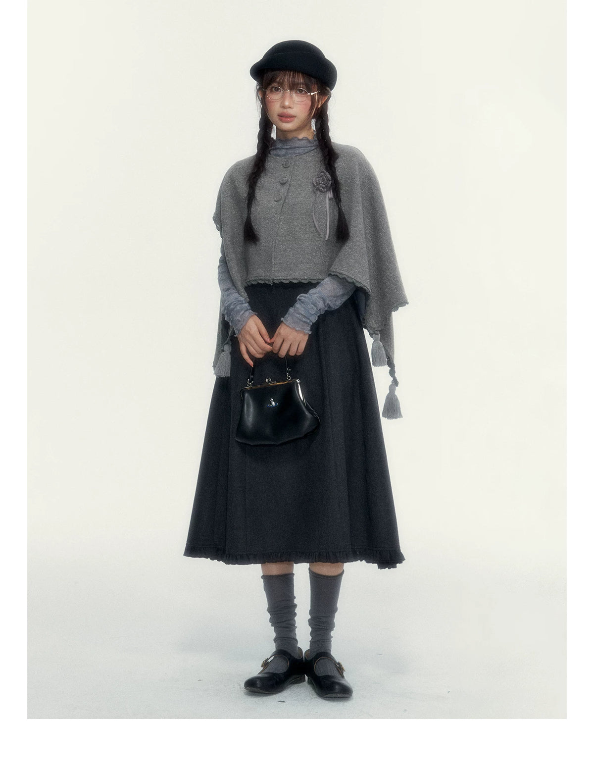 Vintage Double-Breasted Wool Dress & Knit Fringe Cape Set