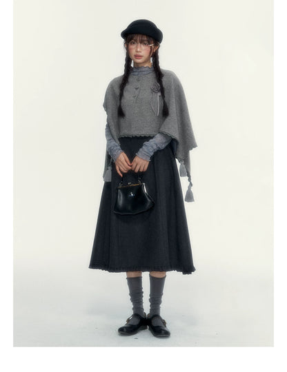 Vintage Double-Breasted Wool Dress & Knit Fringe Cape Set