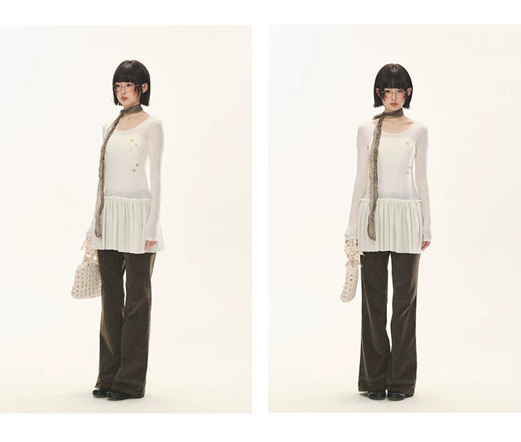 "Spring Memoir" TENCEL™ Wool Pleated Knit Midi Dress (Oat Gray/ Butter Cream)