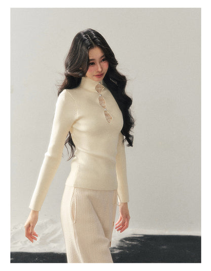 040126 "Lacewoven Dream" Mock Neck Layered Lace Knit Top - Oat Beige