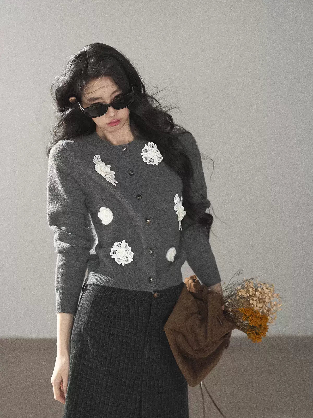 AOMALM - Paris Gray 3D Flower Knit Cardigan