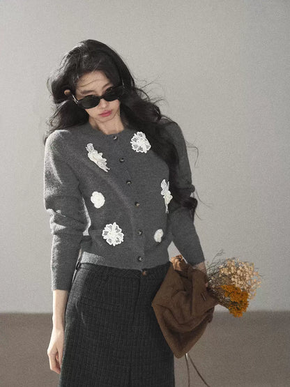 AOMALM - Paris Gray 3D Flower Knit Cardigan