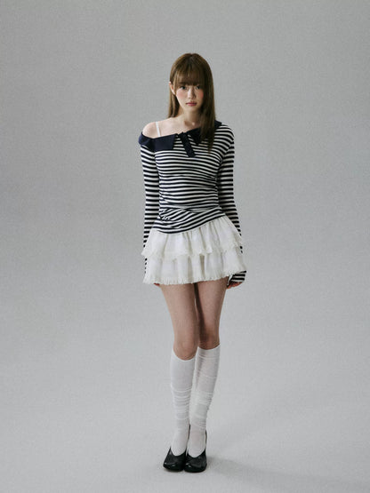 LOST FOREST - Striped Asymmetrical Lyocell-Wool Layering Top
