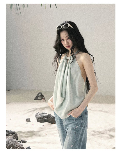 "Flowing Silk Reverie" Light Bean Green Halter Backless Top 536845