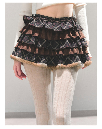 少也眼 “Melard Poem” Plaid Layered Brown Mini Skirt 8455211