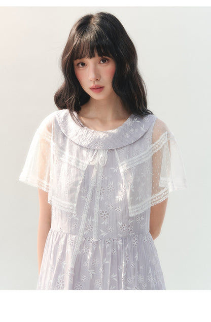 [CAN] "Lavender Bloom Whisper" Purple Floral Cape Tulle Tie-Waist Dress