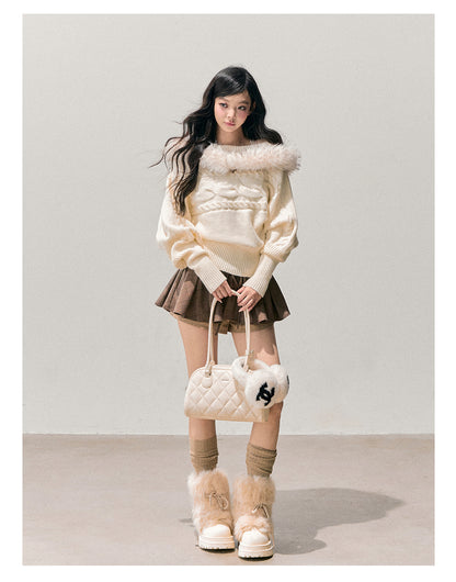 少也眼 “Tea-Scented Dusk” Off-Shoulder Mohair Sweater with Detachable Fur Trim 168459846