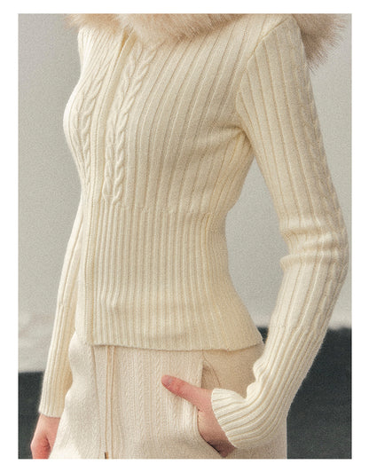 少也眼 “Sunset’s Soft Trace” Milk-Apricot Hooded Cable-Knit Zip-Up Jacket