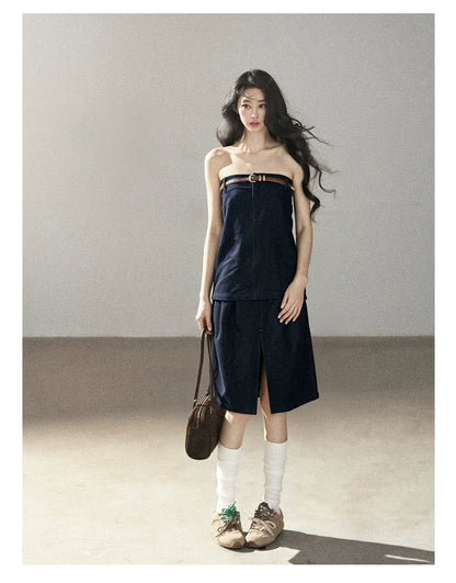 AOMALM - "Bluebell in Suspension" Navy Blue Korean Denim-Inspired 2-Piece Skirt Set