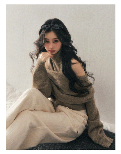 少也眼 "Echo of Sunset" Off-Shoulder Turtleneck Knit Two-Piece Set