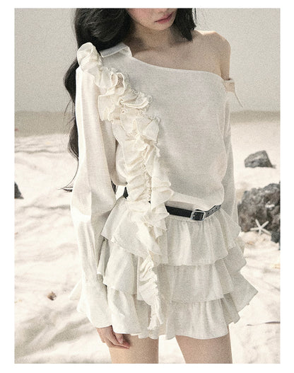 "Petals of Early Summer" Mist White Ruffle One-Shoulder Cake Dress (With Belt) 58648