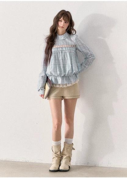 [TMMG] French Vintage Plaid Lace Ruffle Blouse (Blue Plaid)