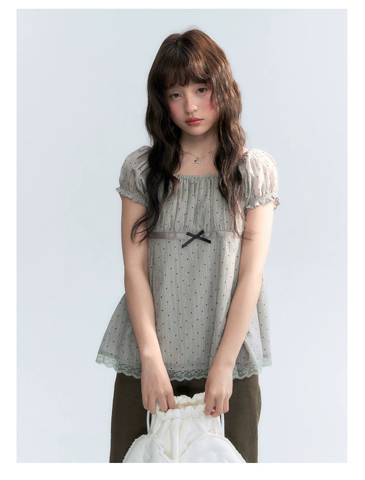 "Polka Dot Constellation" Gray Polka Dot Square Neck Puff Sleeve Top