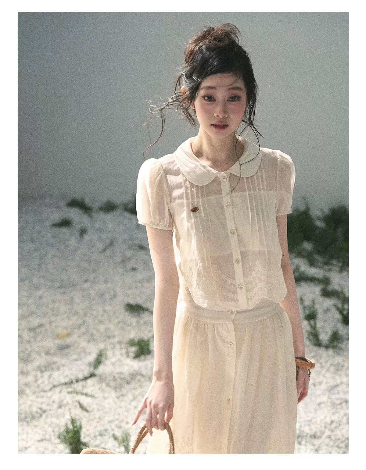 "Apricot Blossom After Rain" Dutch Cheese Lace Blouse & Maxi Skirt Set 532453