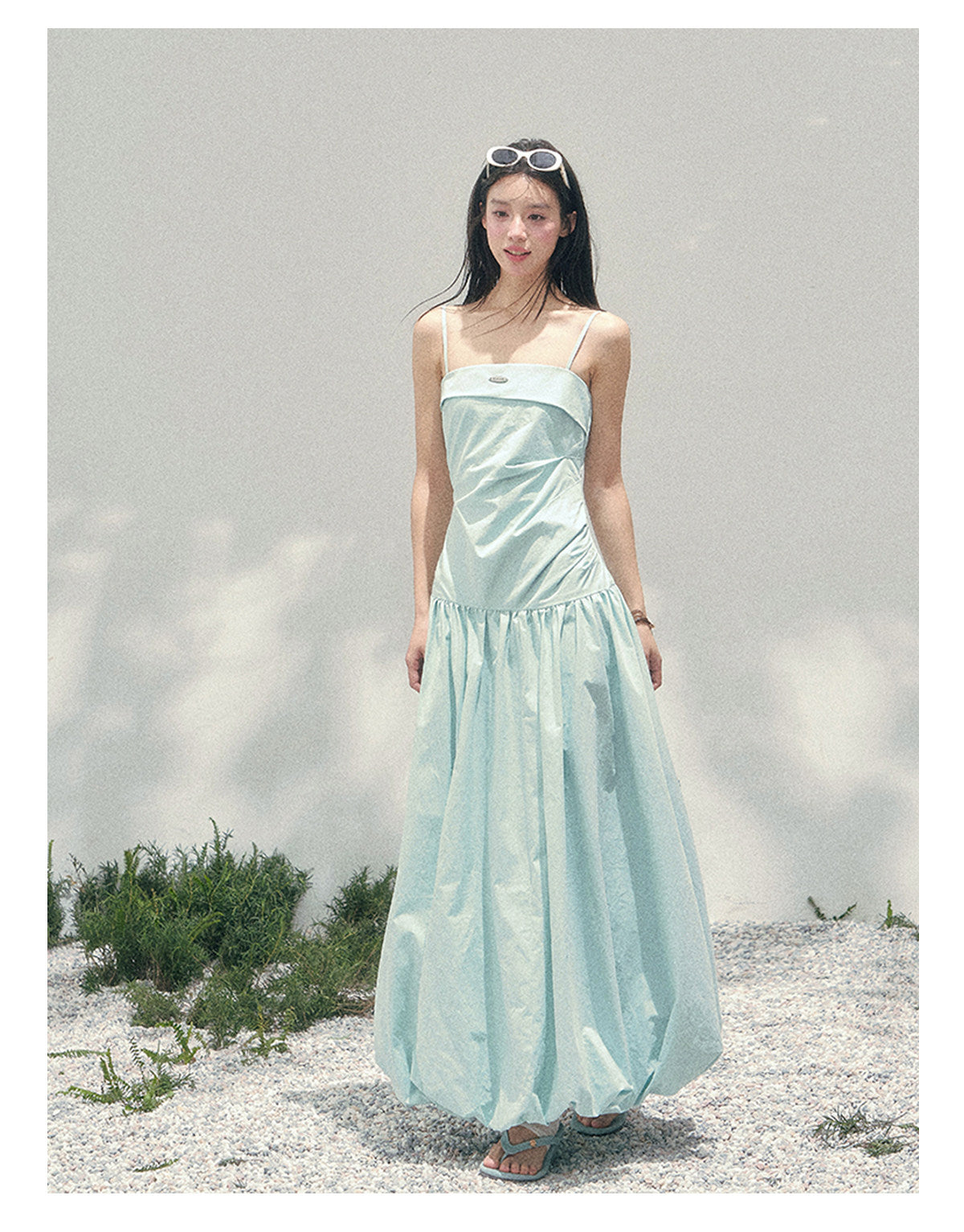 “She Passed Through Bloom Season” Glacier Blue Bubble Maxi Dress