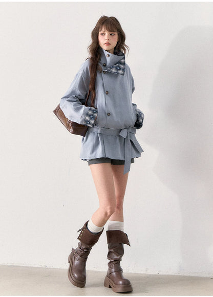 [TMMG] French Stand Collar Reversible Plaid Waist-Cinched Trench Coat (Morning Mist Blue)