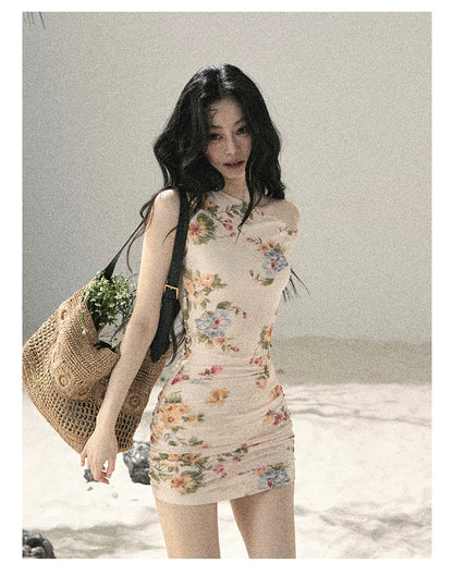 "Waiting for Blossoms" Dutch Cream Floral Ruched Mini Dress 43236