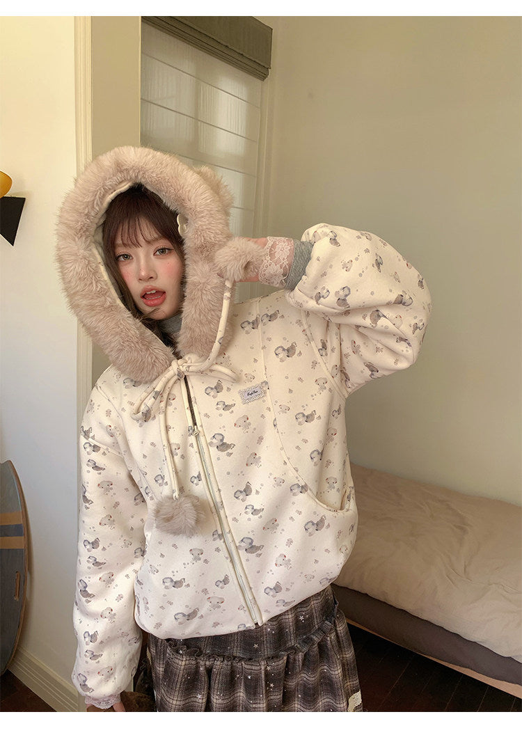 阮阮自制 - Honey Bear Ivory Plush Padded Jacket & Fleece Pants Set