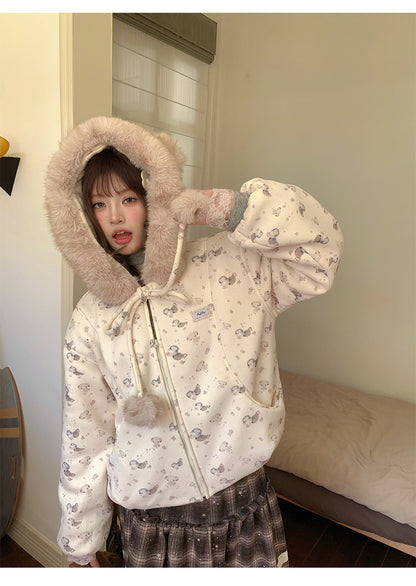 阮阮自制 - Honey Bear Ivory Plush Padded Jacket & Fleece Pants Set