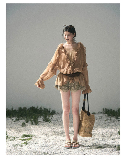 “Whispers of the Wind” Ash Caramel Lace Chiffon Blouse (With Belt)