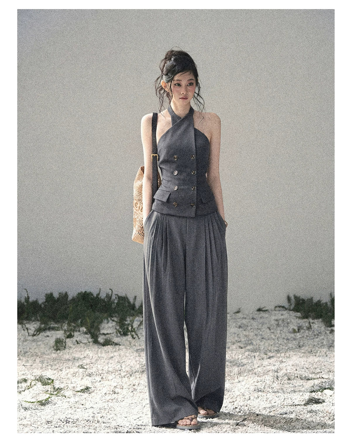 "The Unsent Letter" Deep Slate Gray Halter Tailored Top