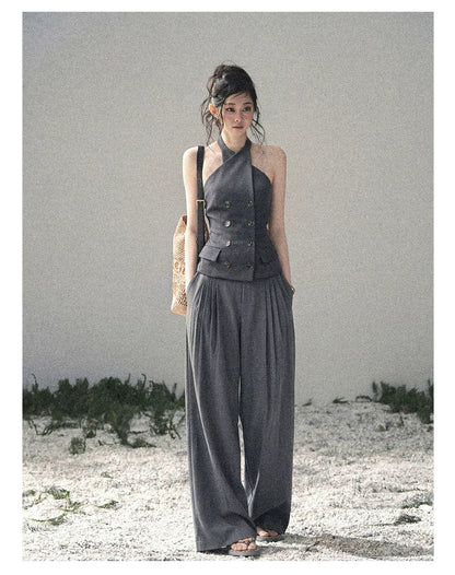 "The Unsent Letter" Deep Slate Gray Halter Tailored Top