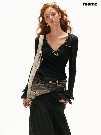 MAMC - Black Wool-Blend Lace Wrap Cardigan with Ruffle Sleeves