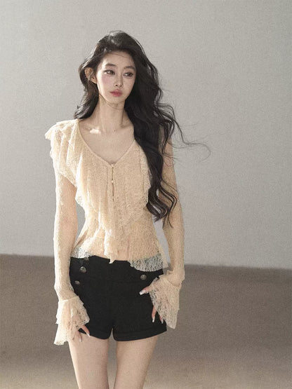 AOMALM - Lace Top – French Ruffle V-Neck Cropped Style