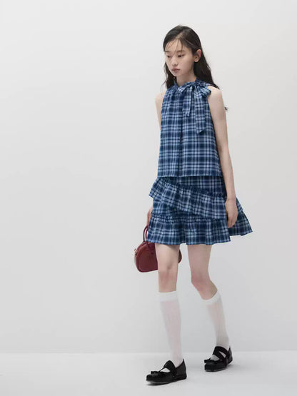 Blue Plaid Sleeveless Tiered Midi Dress with Ruffle Trim