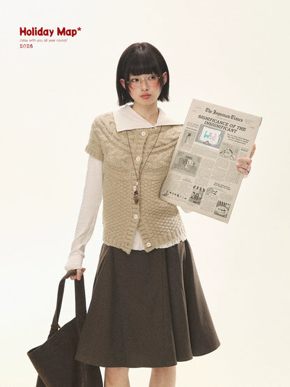 "Cotton Ruffle" Tea Apricot Asymmetric Knit Cardigan