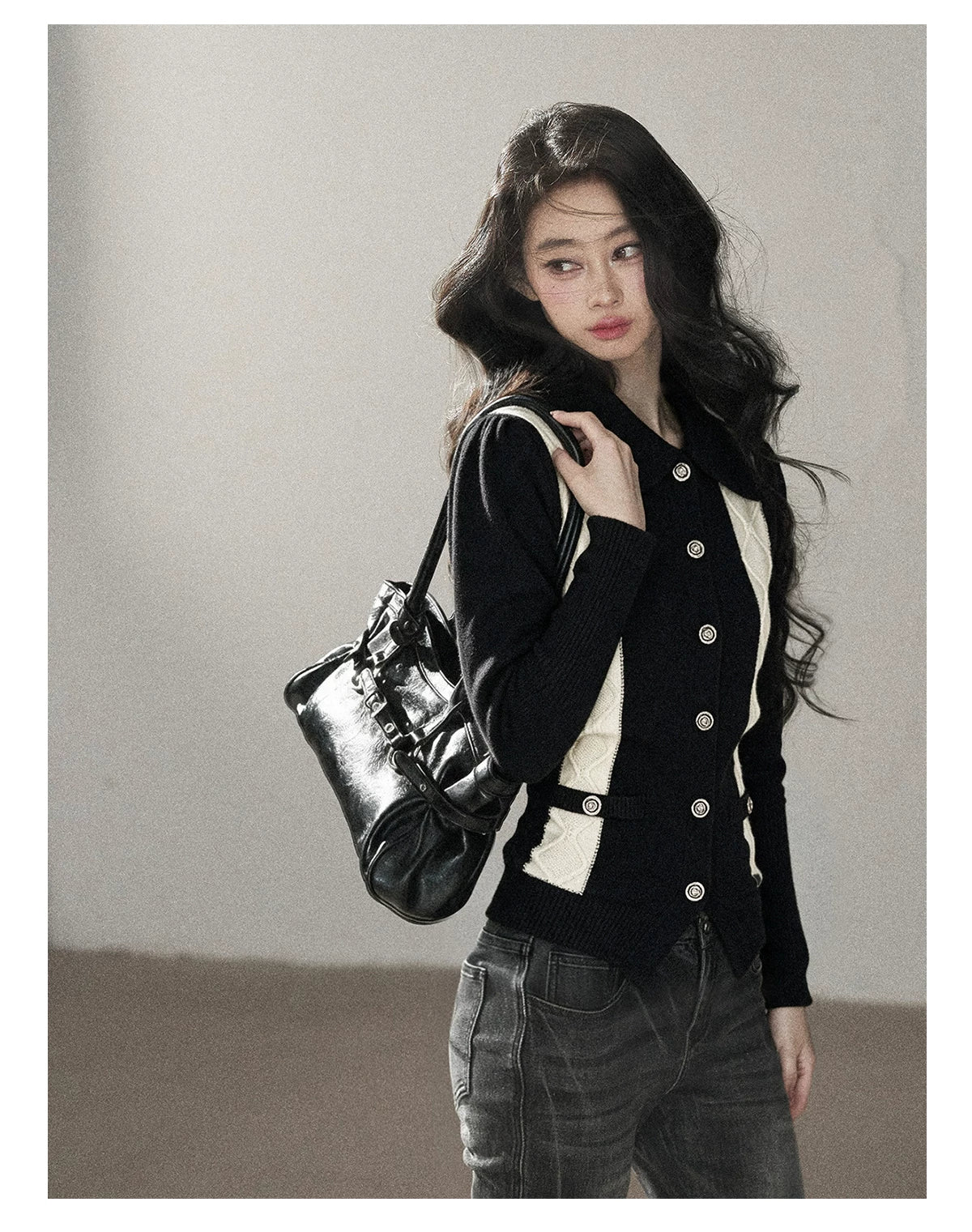 AOMALM - "Nocturne of Pine & Cypress" Black & White Contrast Knit Cardigan with Notched Collar