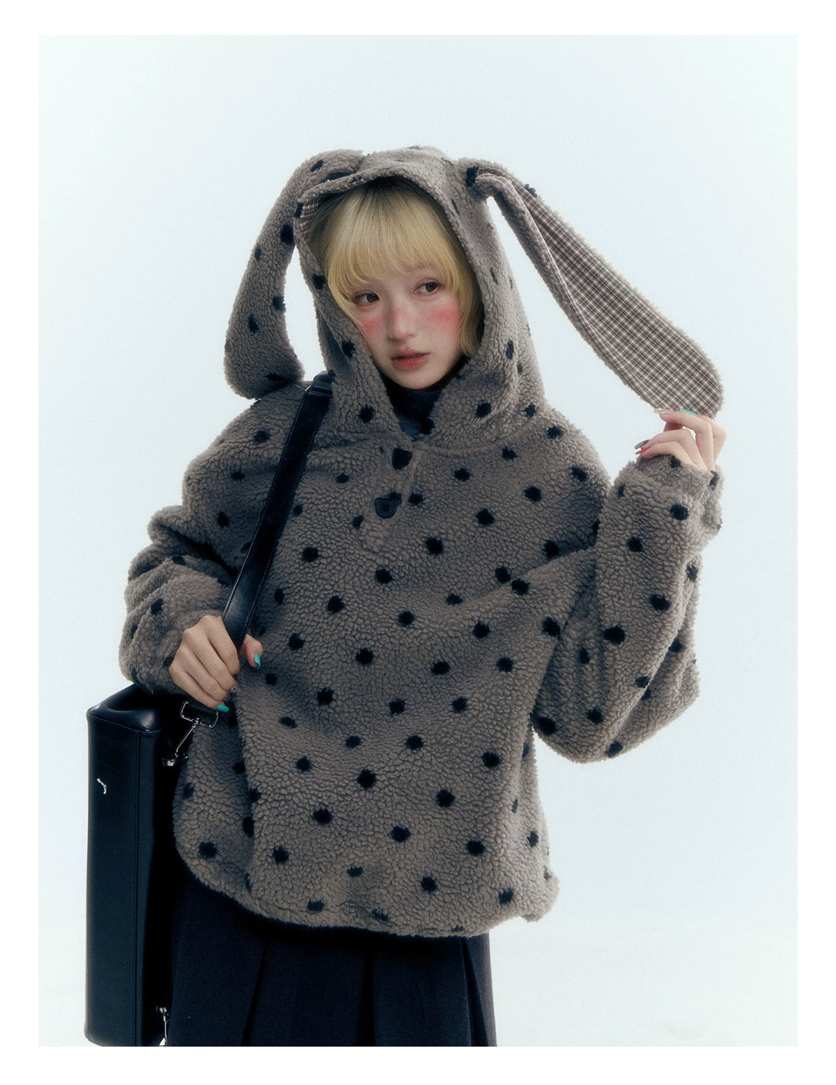 Horridale - Pink Black Polka Dot Sherpa Fleece Hoodie with Bunny Ears