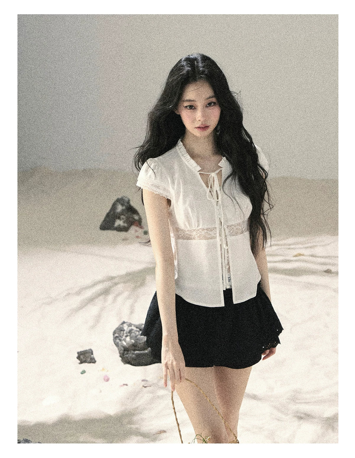 "Lace Between the Lines" Frost White Faux-Layer Cropped Shirt