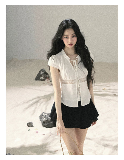 "Lace Between the Lines" Frost White Faux-Layer Cropped Shirt