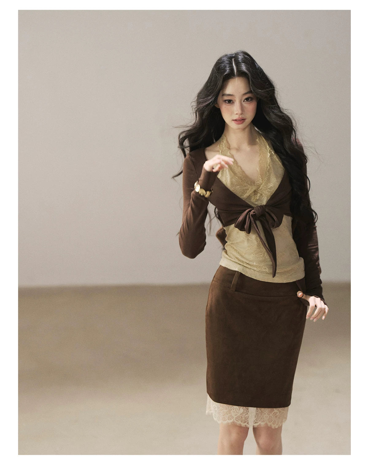 AOMALM - "Tender in This Moment" Rich Cocoa Faux Two-Piece Lace Top