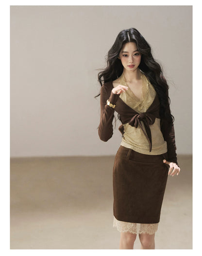 AOMALM - "Tender in This Moment" Rich Cocoa Faux Two-Piece Lace Top